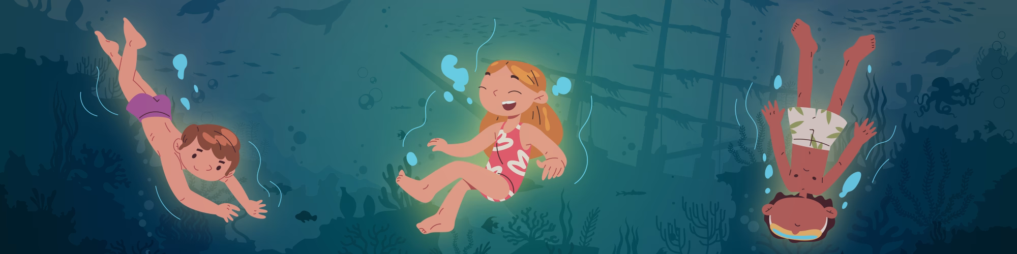 Three cartoon swimmers under water