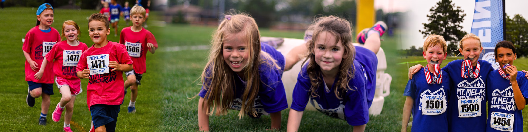 Three photos of children in a run with challenges