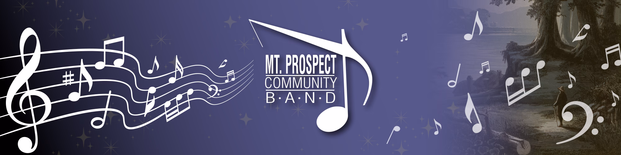 Musical notes with Mt. Prospect Community Band logo